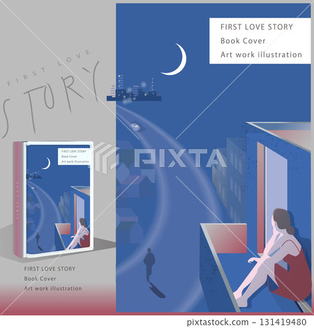 城市夜景背景 — — 窗邊等待愛人的女人 — — 平面插圖 — — 小說封面、設計、向量插圖 2 131419480