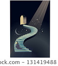 Vector flat illustration of a woman waiting for her lover by a long spiral staircase with a lit window Vector flat illustration of a woman waiting for her lover by a long spiral staircase with a lit window 131419488