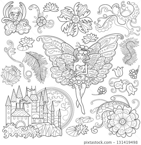 Monochrome fantasy design set of beautiful fairy Elf girl, castle, flowers, floral elements. Vector line art illustrations for clipart, stickers, coloring book isolated on white background. Monochrome fantasy design set of beautiful fairy Elf girl, castle, flowers, floral elements. Vector line art illustrations for clipart, stickers, coloring book isolated on white background. 131419498