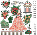 Colorful design set with fantasy cartoon elements of beautiful princess wearing long dress, flowers, garden, castle. Vector doodle illustrations for clipart, stickers, cards isolated on white. Colorful design set with fantasy cartoon elements of beautiful princess wearing long dress, flowers, garden, castle. Vector doodle illustrations for clipart, stickers, cards isolated on white. 131419499