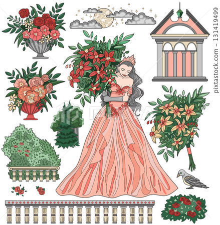 Colorful design set with fantasy cartoon elements of beautiful princess wearing long dress, flowers, garden, castle. Vector doodle illustrations for clipart, stickers, cards isolated on white. Colorful design set with fantasy cartoon elements of beautiful princess wearing long dress, flowers, garden, castle. Vector doodle illustrations for clipart, stickers, cards isolated on white. 131419499