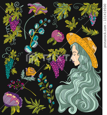 Colorful design set with cartoon elements of grape berries, leaves, flowers and beautiful girl wearing straw hat. Vector line art doodle illustrations for clipart, stickers. Colorful design set with cartoon elements of grape berries, leaves, flowers and beautiful girl wearing straw hat. Vector line art doodle illustrations for clipart, stickers. 131419500