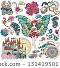 Colorful design set with fantasy cartoon elements of beautiful fairy Elf girl with butterfly wings, castle, flowers. Vector doodle illustrations for clipart, stickers, cards. Colorful design set with fantasy cartoon elements of beautiful fairy Elf girl with butterfly wings, castle, flowers. Vector doodle illustrations for clipart, stickers, cards. 131419501