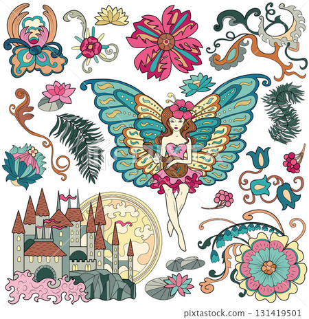 Colorful design set with fantasy cartoon elements of beautiful fairy Elf girl with butterfly wings, castle, flowers. Vector doodle illustrations for clipart, stickers, cards. Colorful design set with fantasy cartoon elements of beautiful fairy Elf girl with butterfly wings, castle, flowers. Vector doodle illustrations for clipart, stickers, cards. 131419501