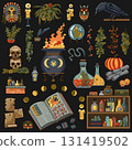 Colorful design set with cartoon elements of Halloween holiday ritual objects for witchcraft, witch pot, potion bottles, candles, book. Vector doodle illustrations for clipart, stickers, cards. Colorful design set with cartoon elements of Halloween holiday ritual objects for witchcraft, witch pot, potion bottles, candles, book. Vector doodle illustrations for clipart, stickers, cards. 131419502