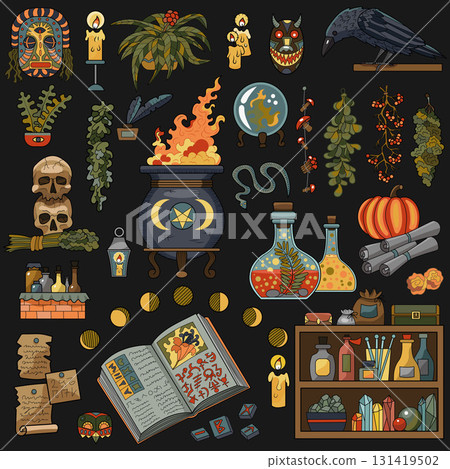 Colorful design set with cartoon elements of Halloween holiday ritual objects for witchcraft, witch pot, potion bottles, candles, book. Vector doodle illustrations for clipart, stickers, cards. Colorful design set with cartoon elements of Halloween holiday ritual objects for witchcraft, witch pot, potion bottles, candles, book. Vector doodle illustrations for clipart, stickers, cards. 131419502