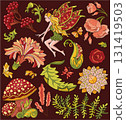 Colorful design set with fantasy cartoon elements of princess fairy girl, mushrooms, flowers, forest plants and herbs. Vector line art doodle illustrations for clipart, stickers, cards. Colorful design set with fantasy cartoon elements of princess fairy girl, mushrooms, flowers, forest plants and herbs. Vector line art doodle illustrations for clipart, stickers, cards. 131419503