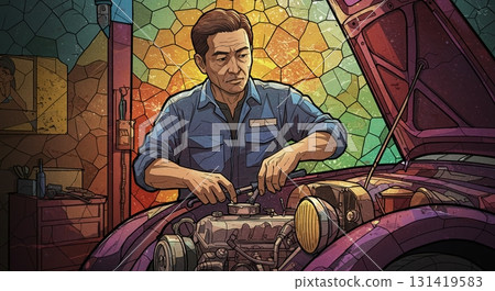 彩色玻璃的光芒。一位機械師表情溫和地凝視著機艙 彩色玻璃的光芒。一位機械師表情溫和地凝視著機艙 131419583