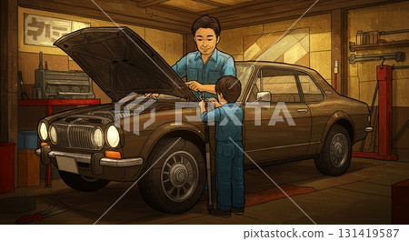 彩色玻璃般的光芒。一名機械師打開引擎蓋檢查汽車。 131419587