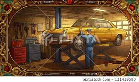 Machine structure drawn in stained glass style. Close-up of a car engine 131419590