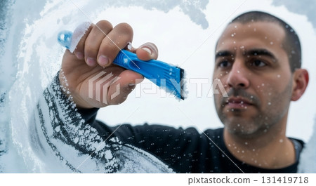 Man scraping ice from a car window with a blue scraper. Winter weather and cold morning routine. Vehicle maintenance and frost removal 131419718