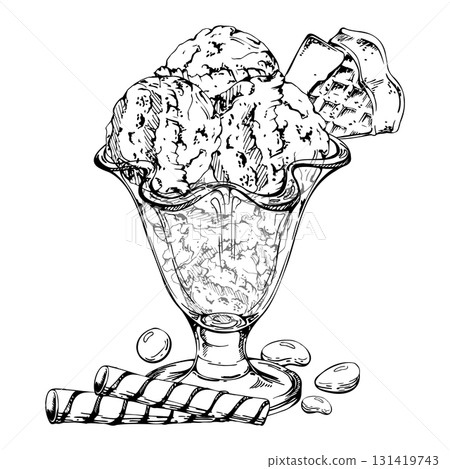Sorbet gelato ice cream ball in transparent glass sundae dish, waffle roll decor, bonbon sugar candy dragee. graphic illustration hand drawn in vector ink. Rustic cafe, frozen label art, summer flyer 131419743