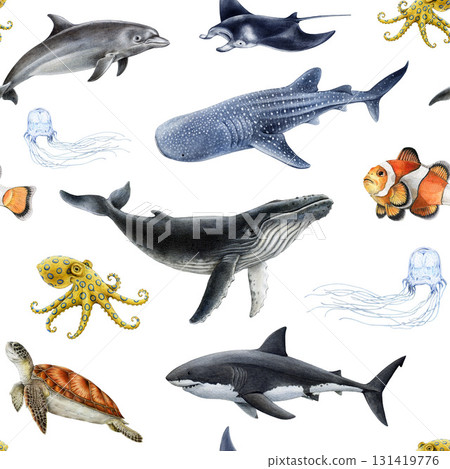Australia sea life animals on white background seamless pattern element. Hand drawn great white shark, whale shark, humpback whale, green turtle manta ray watercolor vintage style illustration 131419776
