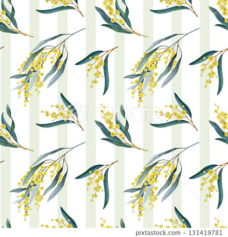 Golden wattle flowers on striped background seamless pattern. Australia native floral element watercolor painted illustration. Acacia pycnantha yellow flowers seamless pattern decorative element 131419781