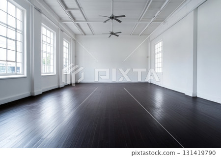 Stylish, spacious, minimalist room in a modern style with interior. High panoramic windows. Dark wooden floor. Black fan on the ceiling. Advertising of elite real estate and interiors. Copyspace Stylish, spacious, minimalist room in a modern style with interior. High panoramic windows. Dark wooden floor. Black fan on the ceiling. Advertising of elite real estate and interiors. Copyspace 131419790