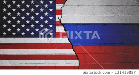 USA vs Russia - Cracked cinder block wall 131419887