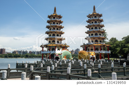 The Dragon and Tiger Pagodas is a temple located at Lotus Lake in Zuoying District.one of famous landmark in Kaoshiung. The Dragon and Tiger Pagodas is a temple located at Lotus Lake in Zuoying District.one of famous landmark in Kaoshiung. 131419950