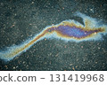 Polluting oil stain on dark asphalt creating iridescent rainbow colors, showing environmental issue 131419968