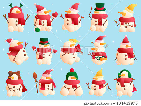 Winter celebration snowman collection with playful expressions. Vector illustration 131419973