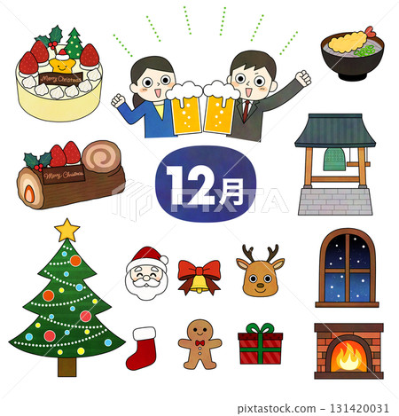 一組彩色插圖，描繪了聖誕節、聖誕老人、馴鹿、除夕和年終派對等 12 月的活動。 131420031