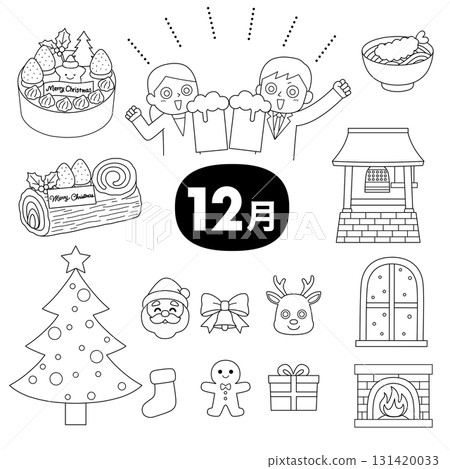 一組聖誕節、聖誕老人、馴鹿、除夕夜和年終派對等 12 月份活動的線條畫。 131420033