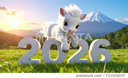 3D插畫：一匹白馬在草地上奔騰，跳過「2026」的字樣，背景是富士山和日出。這是馬年新年賀卡的素材。 131420037