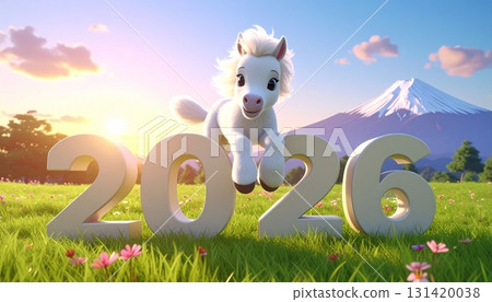 3D插畫：一匹白馬在草地上奔騰，跳過「2026」的字樣，背景是富士山和日出。這是馬年新年賀卡的素材。 131420038