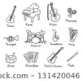Hand drawn musical instruments in doodles style, guitar, piano, saxophone, drum, trumpet, flute 131420046