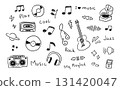 Hand drawn music elements in doodles style, guitar, music note, headphone, music discs 131420047