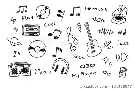 Hand drawn music elements in doodles style, guitar, music note, headphone, music discs 131420047