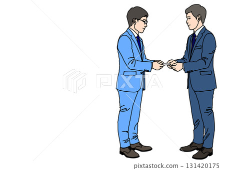 Illustration of a Japanese businessman exchanging business cards, full body, sideways, blue, color 131420175