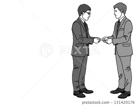 Illustration of a Japanese businessman exchanging business cards, full body, horizontal, monochrome 131420176