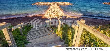 Seascape on a cloudy day. Descent to Coudouliere Beach (Six-Fours-les-Plages), France Europe Seascape on a cloudy day. Descent to Coudouliere Beach (Six-Fours-les-Plages), France Europe 131420735