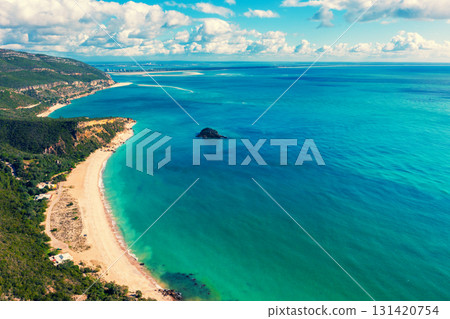 Panoramic aerial view of Arrabida beach. Rocky seascape. Creiro beach. Setubal region, Atlantic Ocean, Portugal 131420754