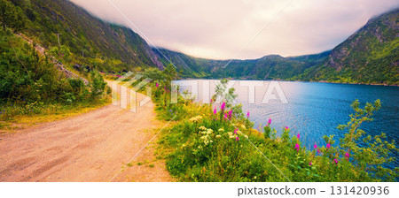Mountain dirt road along the fjord. Nature of Norway. Horizontal banner 131420936