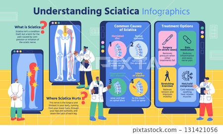 Flat Medical Infographic Explaining Sciatica Causes Symptoms and Treatment Options Flat Medical Infographic Explaining Sciatica Causes Symptoms and Treatment Options 131421056