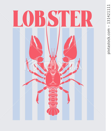 Lobster or crayfish Vintage Coastal Italian print. Minimalist hand drawn poster. Seafood shop logo, signboard, restaurant menu, fish market, banner. Mediterranean vintage summer card. 131421111
