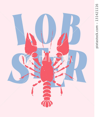 Lobster or crayfish Vintage Coastal Italian print. Minimalist hand drawn poster. Seafood shop logo, signboard, restaurant menu, fish market, banner. Mediterranean vintage summer card. 131421116