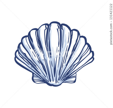 Seashell. Whimsical Hand Drawn Scallop seashell.  Isolated on white backdrop. Freehand outline ink scribble retro style. Outline modern style. 131421122