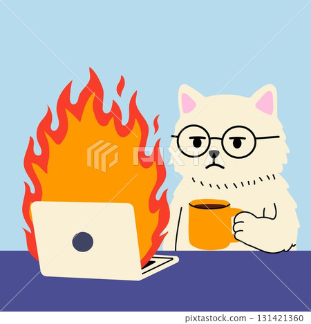 Cartoon cat calmly holding coffee while watching laptop on fire 131421360