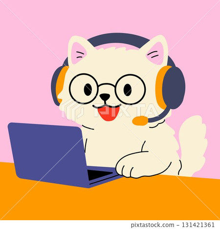 Cute Cartoon Cat with Headset Working on Laptop 131421361