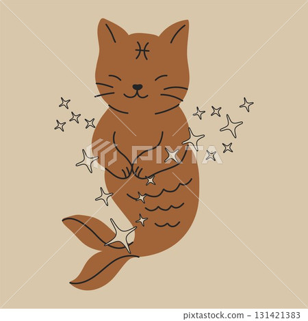 Cartoon Purrmaid with Zodiac Pisces Symbol and Sparkles 131421383