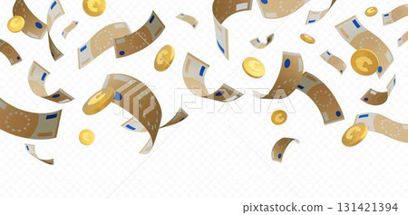 Euro banknote and golden coins falling down vector background, paper bills fly, money cash, European currency explosion Euro banknote and golden coins falling down vector background, paper bills fly, money cash, European currency explosion 131421394