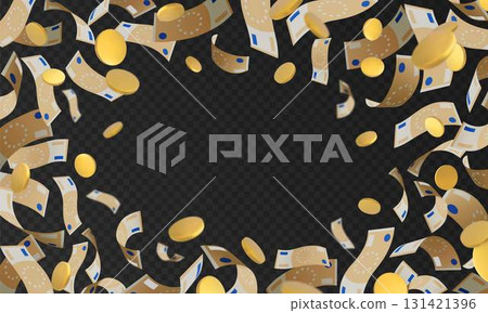Euro banknote and golden coins fall vector frame, paper bills fly, realistic money cash, European currency explosion 131421396