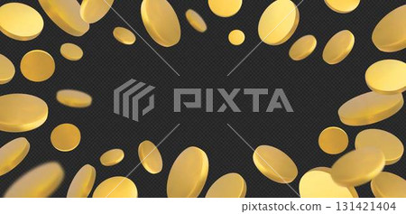 3D golden coin falling vector frame, currency cent, money cash explosion, bank, business finance symbol, game award 131421404