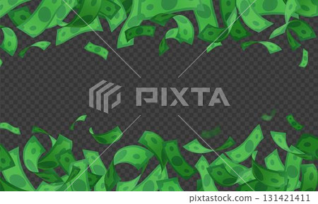 Dollar banknote fall vector frame, throw green paper bills fly, realistic money cash, American currency explosion Dollar banknote fall vector frame, throw green paper bills fly, realistic money cash, American currency explosion 131421411