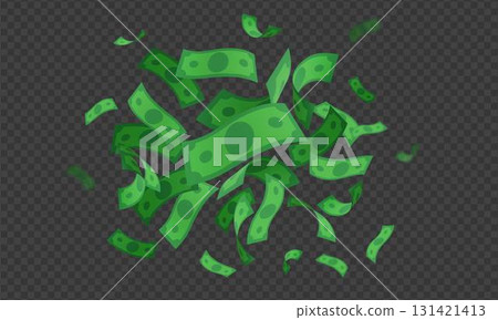 Flow of flying paper bills, green dollar money, cash, transparent black background. 131421413
