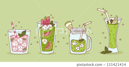 Guava drink smoothie with lots ice cubes. Summer Fruit Exotic Pink and green Cocktail with tropical Fruit slices, straw and Mint leaves. Isolated Vector Illustration for ads, marketing, menu, design Guava drink smoothie with lots ice cubes. Summer Fruit Exotic Pink and green Cocktail with tropical Fruit slices, straw and Mint leaves. Isolated Vector Illustration for ads, marketing, menu, design 131421414