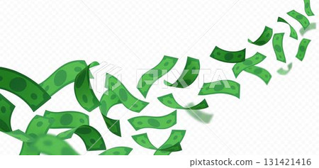 Dollar banknote falling, vector throw green paper bills pile, realistic cartoon money cash, currency flight on wind blow 131421416