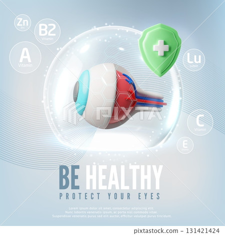 Be healthy protect your eyes 3D vector poster, eye in dome, green shield with cross, vitamins, prevention visual system Be healthy protect your eyes 3D vector poster, eye in dome, green shield with cross, vitamins, prevention visual system 131421424